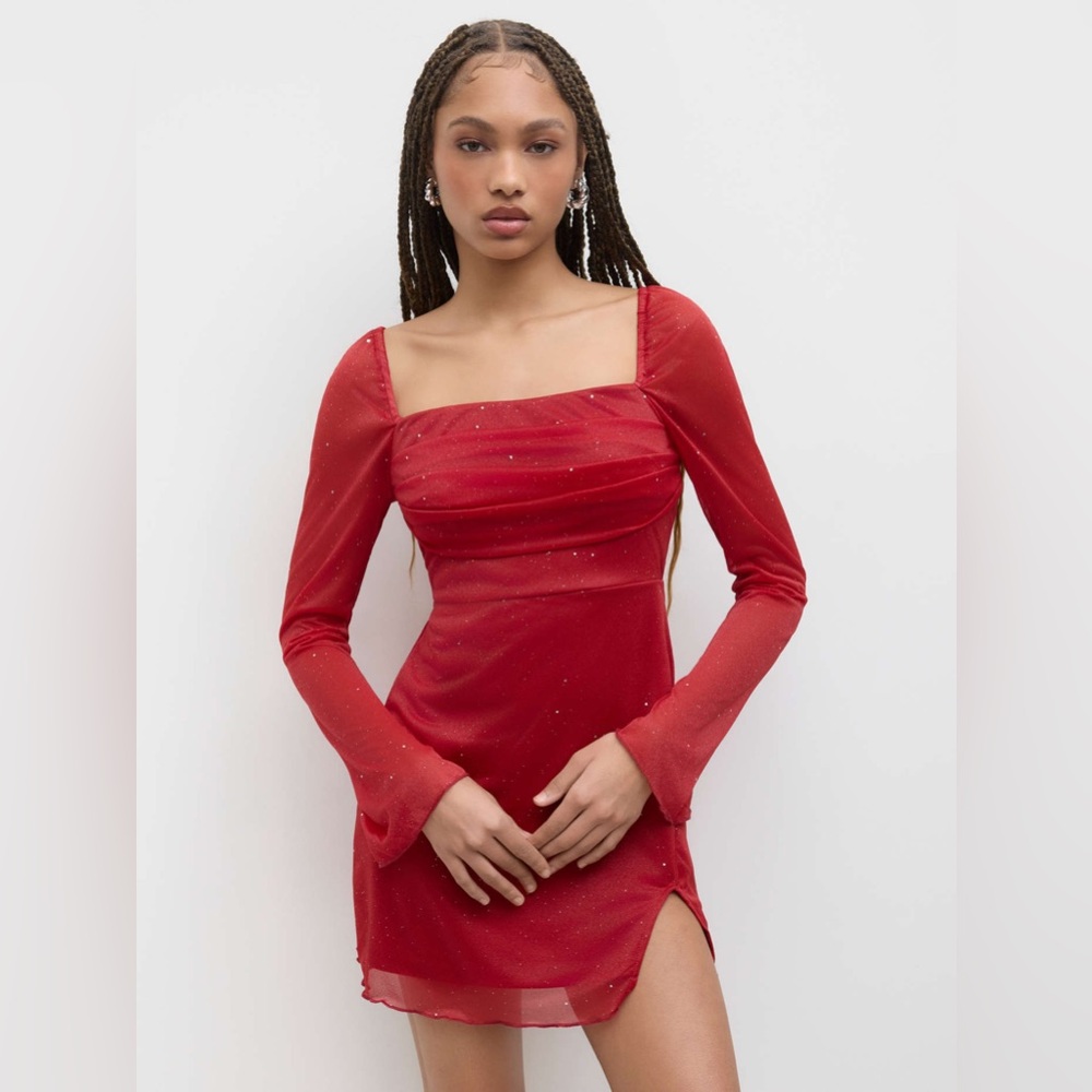 Cider Sparkle Red Mini Dress Square Neck Sheer Sleeves L